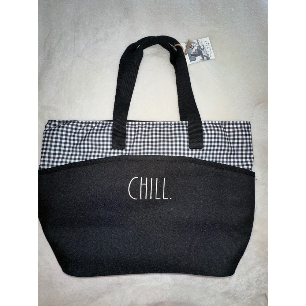 Rae Dunn Chill Insulated Lunch Tote Bag Black White Gingham Check Picnic
